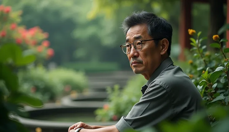 I get a middle-aged Asian man with glasses sitting next to the image in the right corner in a square rich in nature with a sad face