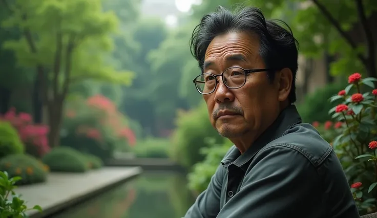 I get a middle-aged Asian man with glasses sitting next to the image in the right corner in a square rich in nature with a sad face