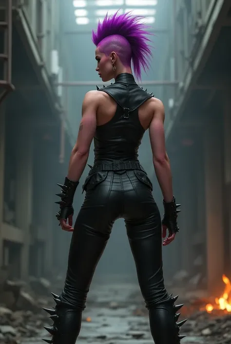 Muscular pink skinned woman, black leather bodysuit, black leather boots, spikes on back, purple mohawk 