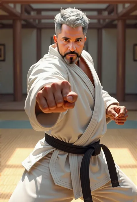 "Create an image of a 45-year-old male karate fighter delivering a powerful punch with his right arm. He is wearing a white karate-gi with a black belt, and has short gray hair and a robust build. His expression is one of strength and determination. The se...