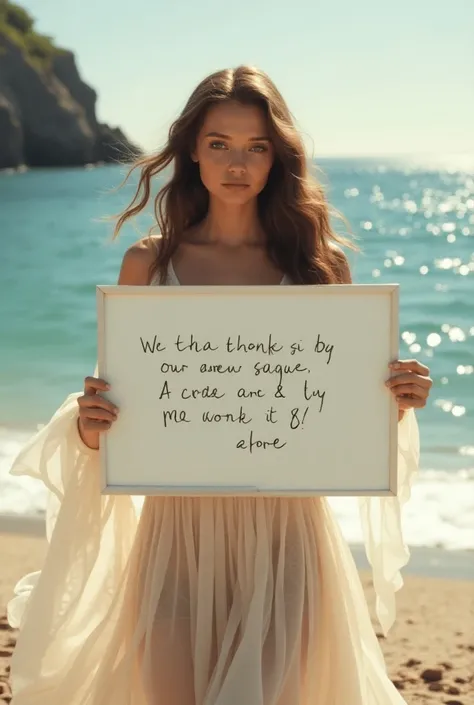  Beautiful girl with long wavy hair, bohemian dress,  holding a white board with text "I Love Seaart Infinity" and showing it to the viewer