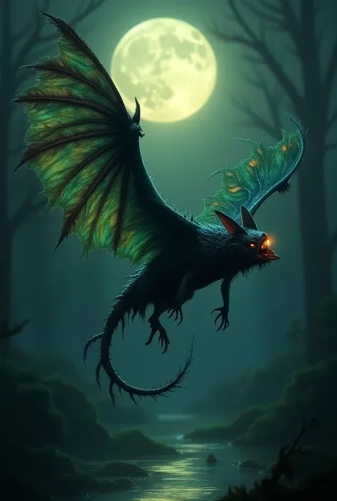 
Design a fearsome hybrid combining a bat and a peacock. Its body is sleek and agile like a bat, but adorned with eerie, ghostly peacock feathers that shimmer with iridescent hues of green, blue, and gold. The fan of its tail is broken and twisted, with ey...