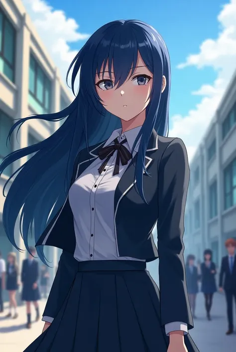 A girl with long blue-black hair as a student at the Boku Academy no hero 