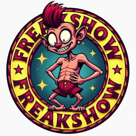 cartoon freak mascot circus freakshow logo in circle text "freakshow"