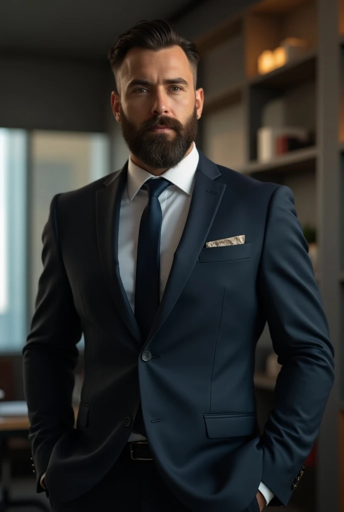 40 year old man he is a widower,. has a tall, big, muscular body, there is a thin beard on his face, he is so very handsome and he is a CEO 