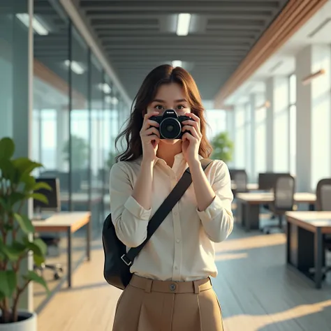 Young lady taking a photo in a 3d office