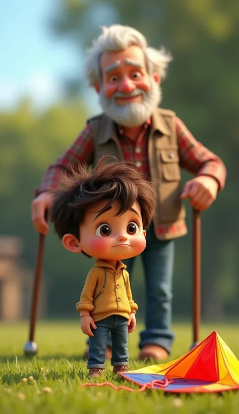 A 3D Disney pixar cartoon style  Disheartened, David, an  boy with big, expressive brown eyes and a mop of messy brown hair, stood with slumped shoulders. He wore a grey t-shirt with a bright dinosaur graphic in the center and a pair of shorts, his young f...