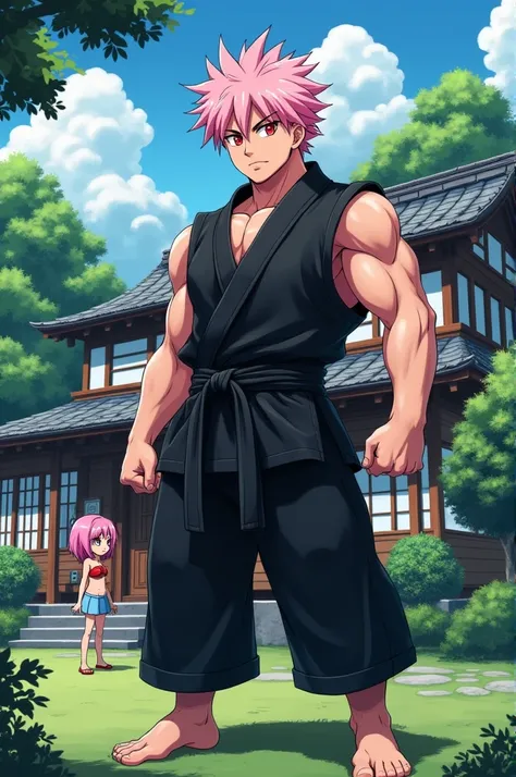 Anime male, red eyes,  light pink short hair, spiky, outside japanese house, yard, loli around shirtless, black martial arts gi, bulky muscular, lip gloss,  teen, 