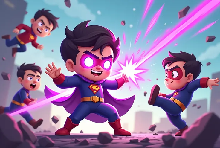  Draw a chibi-style superhero /cartoon,  with a confident smile on their face and violet rays coming out of the eyes ,  hitting several henchmen of a super villain .  The henchmen are flying backwards in an exaggerated way ,  with expressions of surprise a...