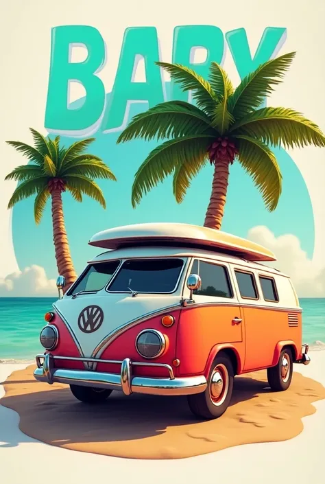  Create a 3D tropical style logo with a 1990 Ford combi and a palm tree with the word "baby" in capital letters highlighting , do it with bright colors .
