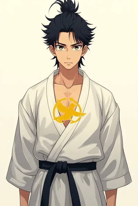  An anime-style man of about 21 years old wearing a Wado Kai-style karate kimono (The symbol of style is a yellow pigeon on the kimonos chest)