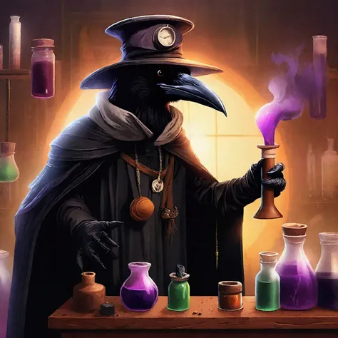 Anthropomorphic crow as a mad plague doctor scientist, large wide brim hat partially covers his face, black leather attire with brown leather straps containing potion jars, long black cape, stands at lab bench, adds ingredients to test tube with purple bub...