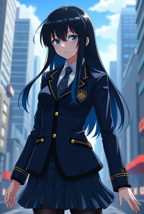 Oc My Heroe Academy female with long straight black hair with dark blue tips dressed in the My Heroe Academy uniform