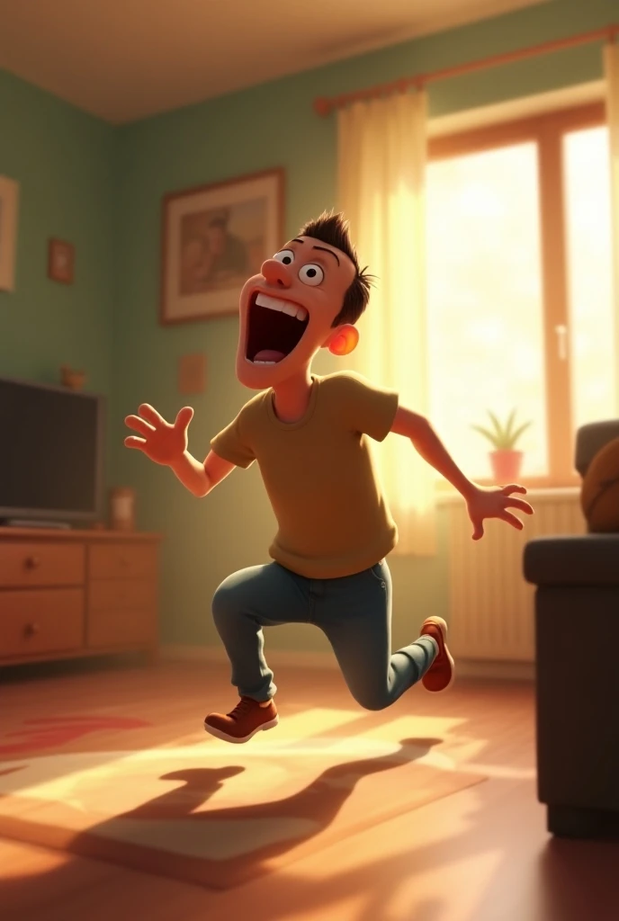 A man running around the living room, mouth wide open, Pixar Disney style.