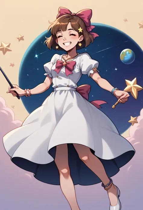 1girl, soft brown hair, short hair, pastel yellow back hair bow, floating in space, holding a wand with a star on top of it, clo...