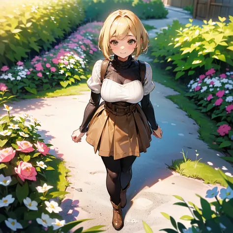 (high quality,  High Resolution , Very detailed, reality:1.37), Peaceful atmosphere, (Outdoor, garden), Teenage girl standing alone, (My breasts are large.), Beautiful details,  cute smile , (Blonde Bob Hair), Ribbed sweater,Brown skirt, Black tights, Brow...