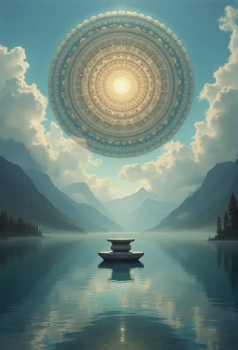 masterpiece, superior quality, best quality, official art, beautiful and aesthetic: 1.2), A surreal painting depicts a crystal-clear lake, its mirrored surface perfectly reflecting the sky above. In the center of the lake, a small stone altar floats alone....