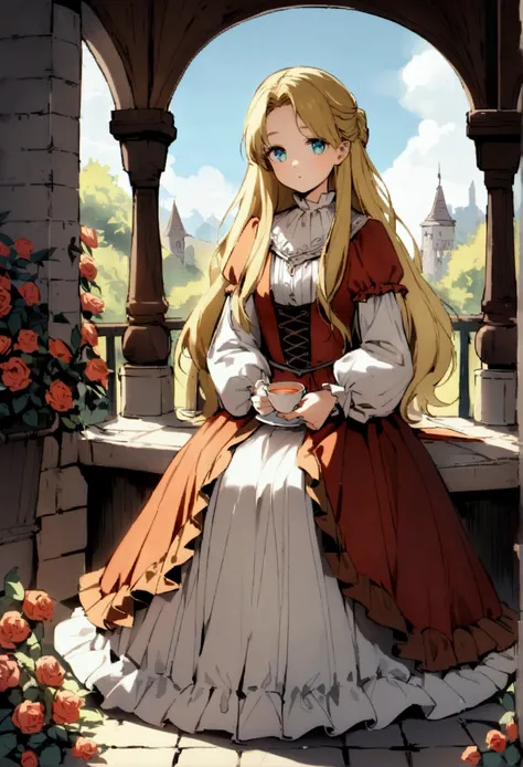 A sixteen year old girl, very beautiful, sitting and drinking tea in a gazebo, surrounded by roses. She has long golden hair, mystical aqua eyes, medieval setting, dressed modestly in a regal 1580s western dress