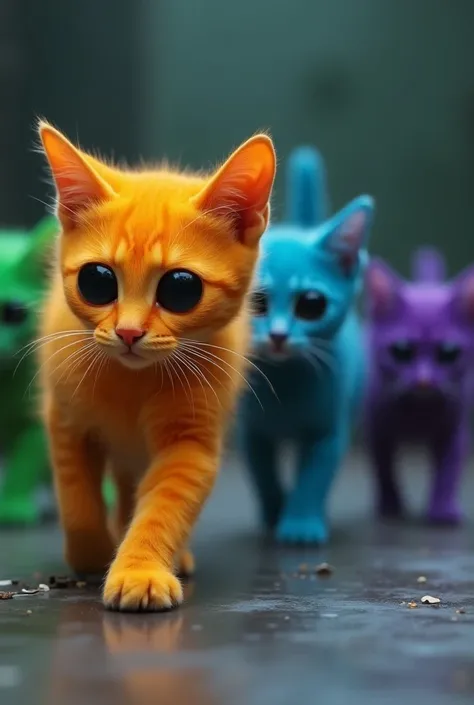 colorful cats, with completely black eyes, Walking on your feet
