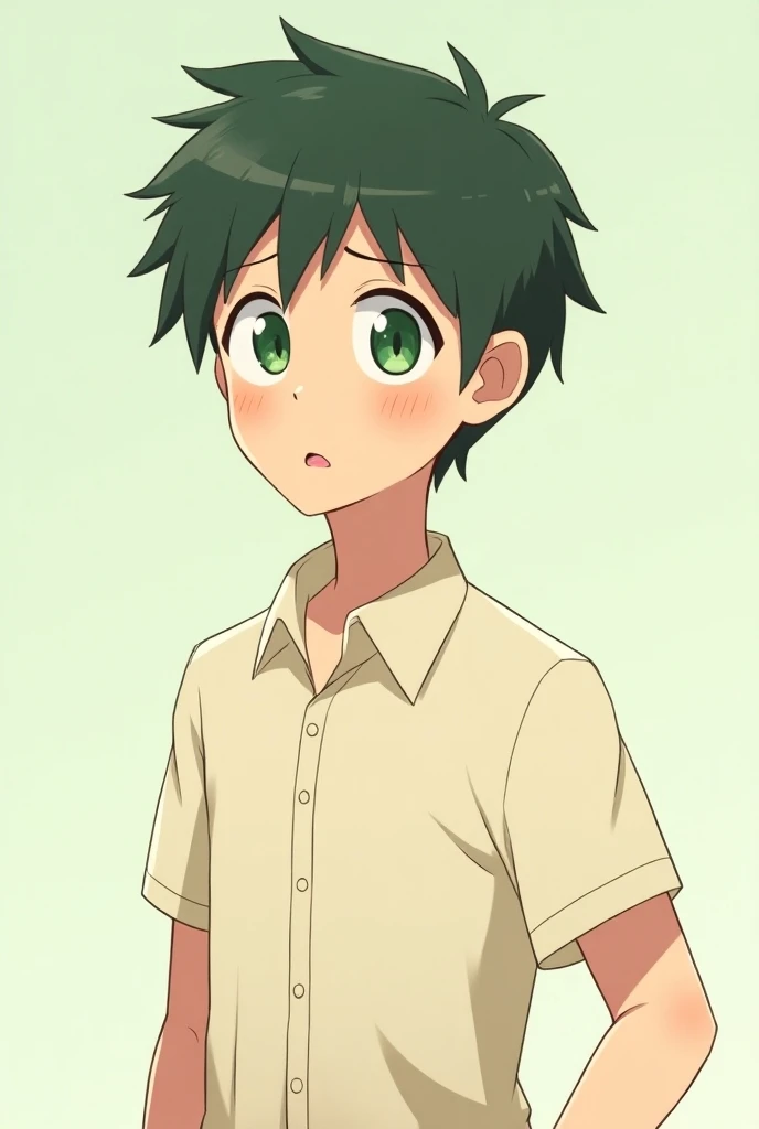 Clumsy man always needs help, green eyes light clothing short hair
anime