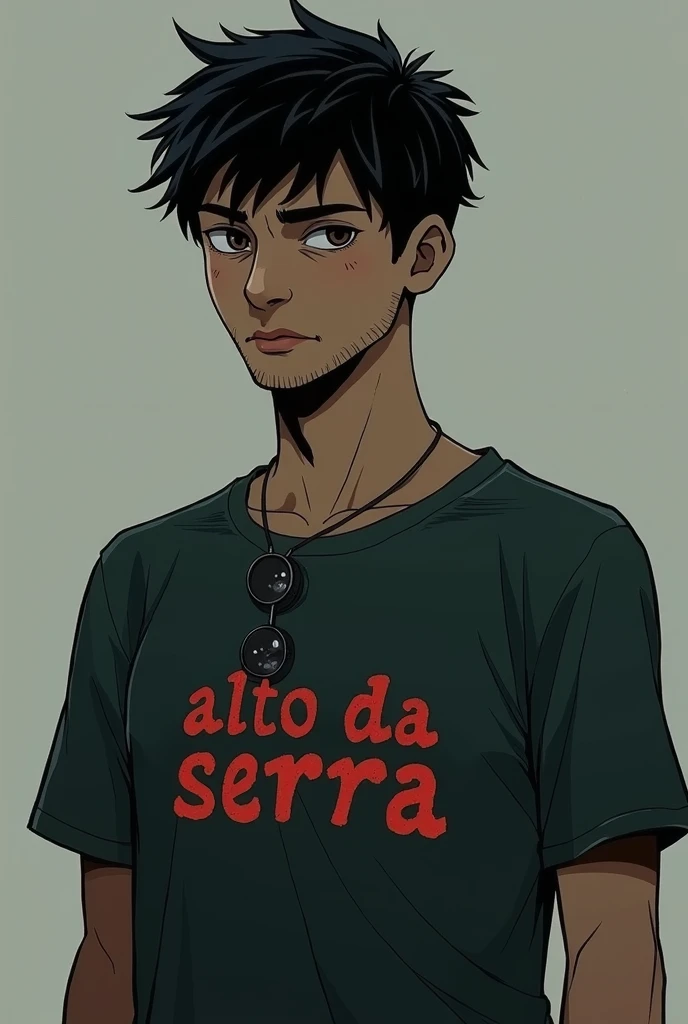 Mature 20-year-old man without expression lines with a mysterious expression, black short hair, with medium black beard and brown eyes with glasses hanging on his shirt wearing a summer camp t-shirt that says Alto Da Serra in red and a flashlight in his ha...