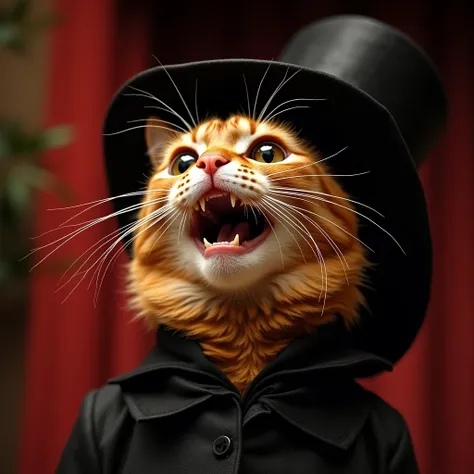 The image is a close-up of a cats face. The cat is orange in color and is wearing a black hat with a wide brim. The hat is tilted slightly to the side and the cats mouth is open wide, as if it is roaring or roaring. The background is blurred, but it appear...