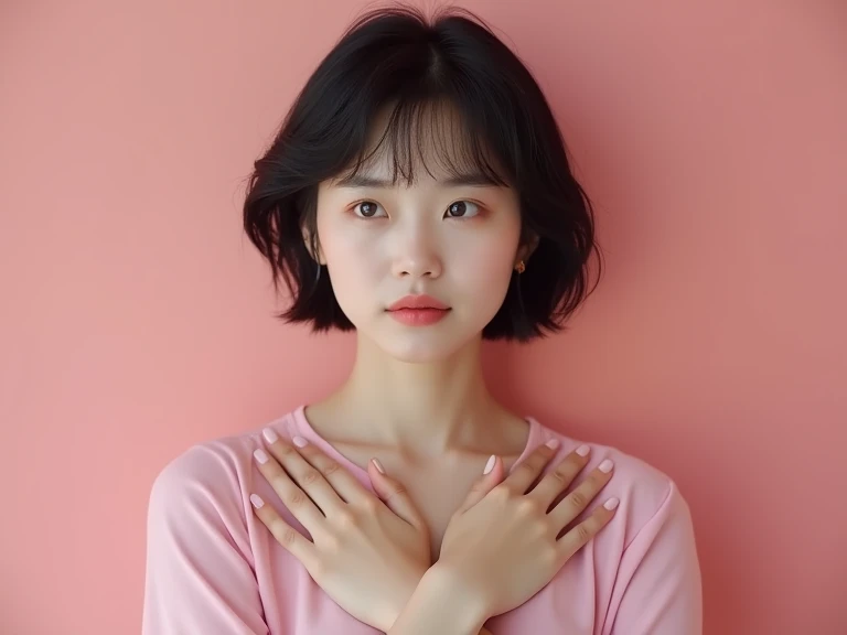  why ？A woman who thinks 、Black Hair、 hairstyle short、 women around 25 years old、 clothes are pink 、No exposed skin、 above your head ？Put on 、 an incomprehensible expression、Cross your hands in front of your chest and think、Realistic、High image quality