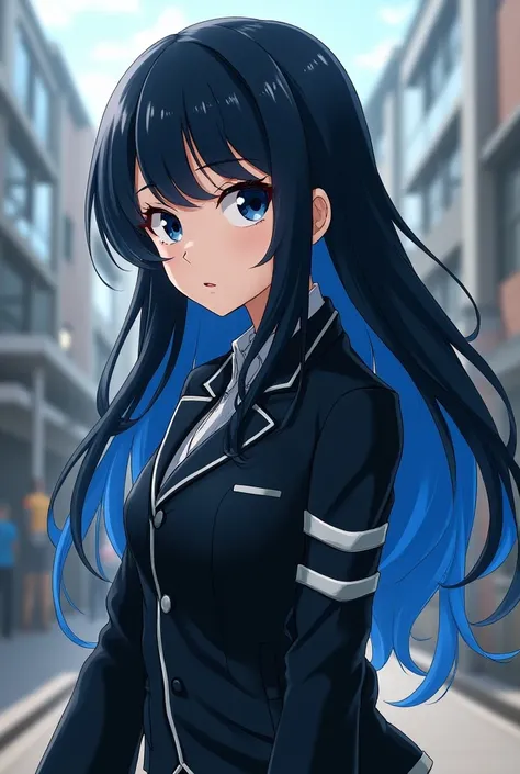 girl with black hair, with blue locks, dark blue eyes, wearing the UA uniform in the style of My Hero Academy