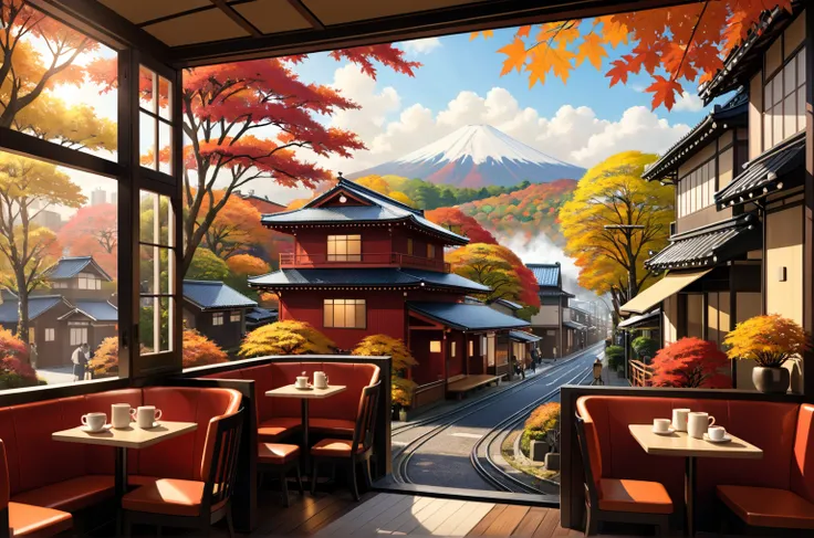  morning cafe 、 Starbucks style 、A few guests、 jazz is playing 、 coffee aroma and steam 、 autumn scenery can be seen from the window、This is Japan 