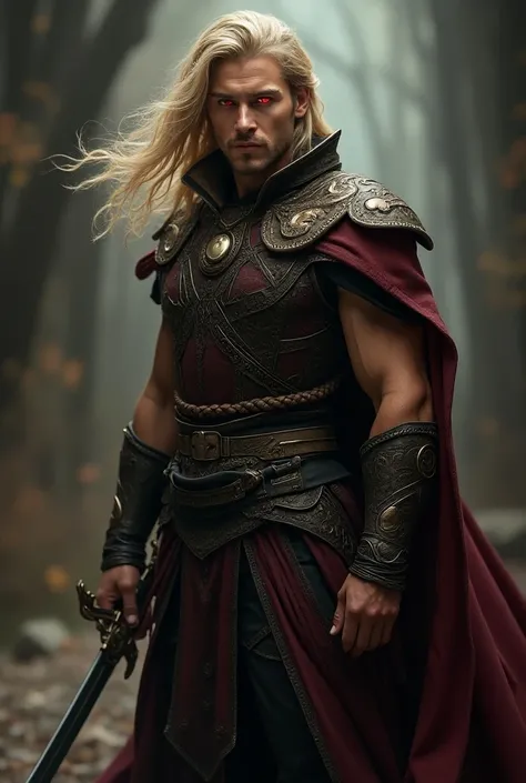 A handsome man with crimson eyes, golden hair, wearing warrior outfit and holding a steel sword