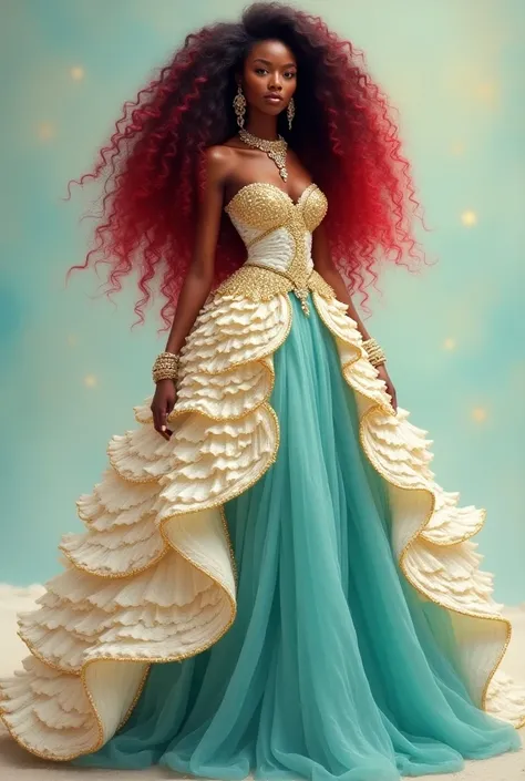 Young black woman with long curly hair and ends painted in red , wearing long orange party dress with white and gold layers that remind of the sea and with shell jewelry ,  full body image 