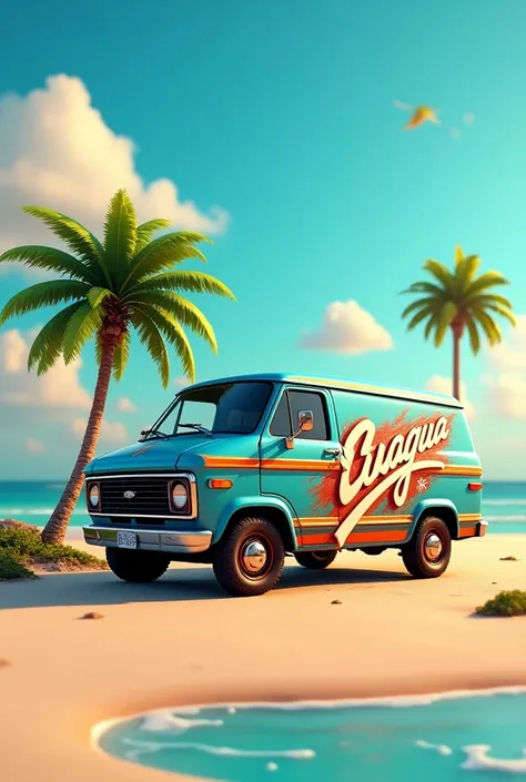 Create a 3D tropical logo for a bar in a 1990 Ford blue and orange van, a palm tree on the side with the word GUAGUA highlighting .