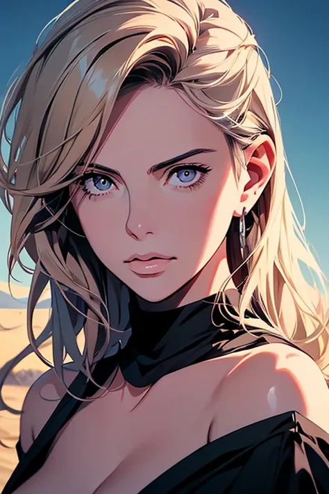 Charlize Theron, 2D illustration, anime,   a fine art painting portrait, in manhwa style, Bishamon de Noragami, 1 girl, curly hair, long hair, Big hair,  bought a Pixie haircut , makeup, purple eyes, Dunes behind  , Dutch angle, beautiful,  high definition...