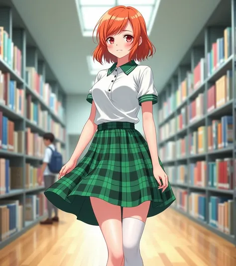 A 17-year-old white-skinned anime-style woman, anime style To Love Ru, standing,  friends in the corridors of the library with bookshelves and few surrounding students inside a white school with wooden floors in Tokyo during the day, The woman is 168 cm ta...