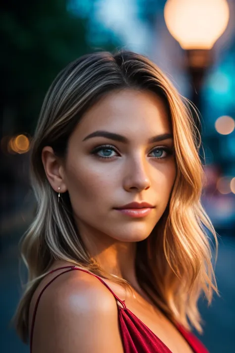 RAW uhd closeup portrait of a 24 year old blonde, natural blonde hair, highlights, wavy, ipartment (woman with brown eyes), Paris background, daylight, natural breasts, (red summer dress), detailed (textures!, hair!, shine, color!, imperfections:1.1), high...