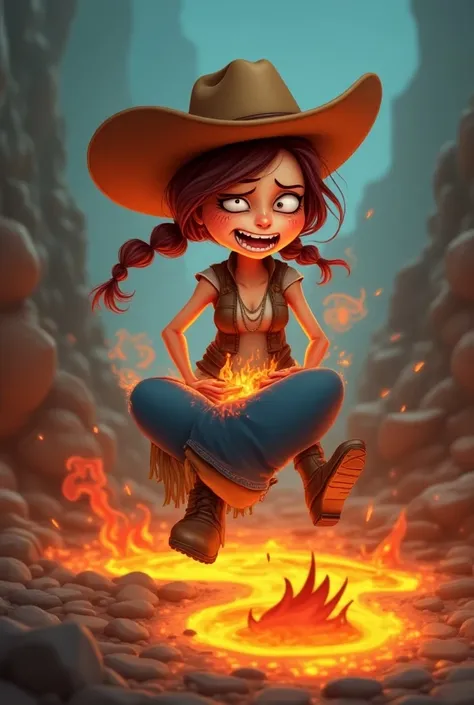 In pain toon cowgirl with both her hands on the burnt butt of her pants with both her hands, jumping and sitting near lava pool, her rear in pain, her rear is on fire, her hands on her rear, her legs are flailing, her butt on fire, she is holding her own b...