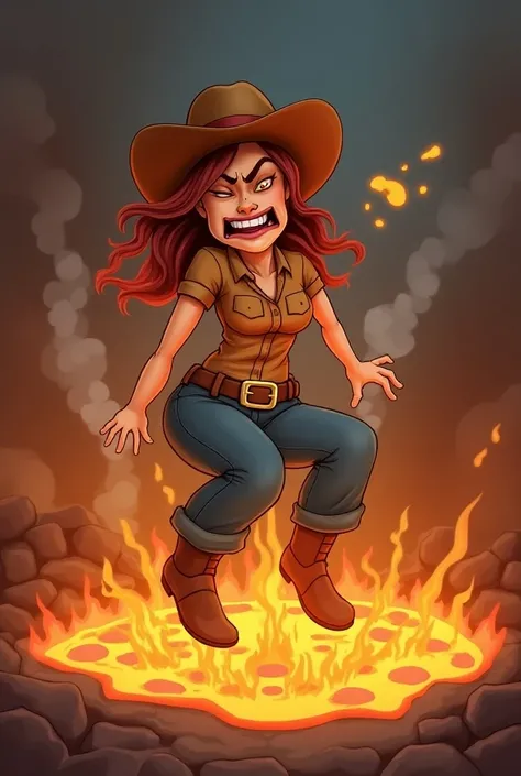 In pain toon cowgirl with both her hands on the burnt butt of her pants with both her hands, jumping and sitting near lava pool, her rear in pain, her rear is on fire, her hands on her rear, her legs are flailing, her butt on fire, she is holding her own b...