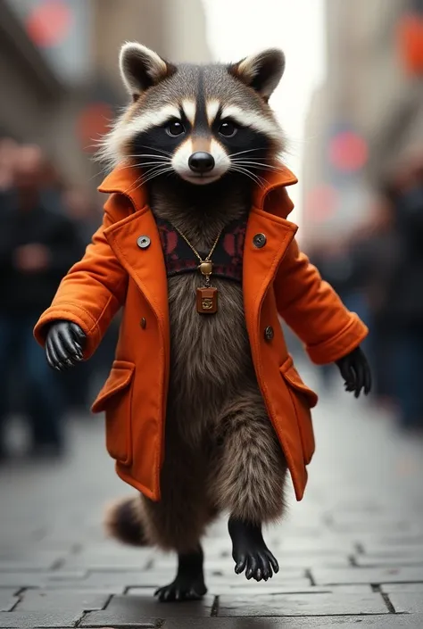  cute raccoon , parading,  with trendy clothes, topmodel style 