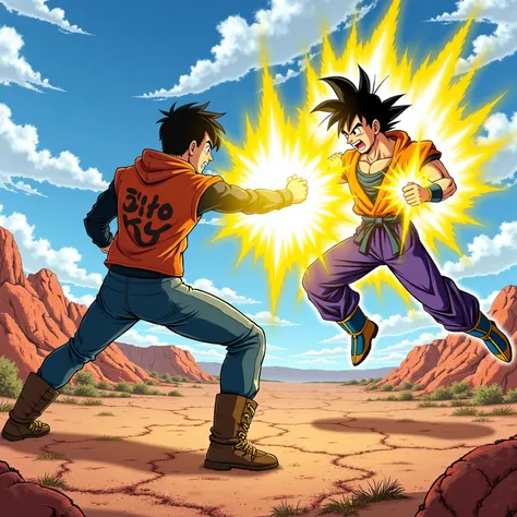 A high-energy battle between Titoworld, a powerful and agile fighter dressed in casual clothes, wearing jeans and a hoodie, and Son Goku with glowing energy surrounding him. The two are locked in combat, exchanging fast punches and energy blasts that light...