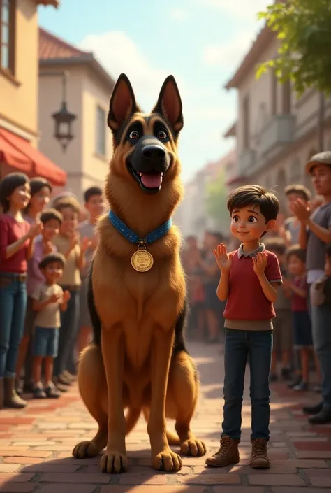 Create images of the following scenes : A ceremony in the town square . Max( german shepherd dog ) ,  with a handmade medal hanging around their necks,  is surrounded by ren and adults applauding . Lucas, Excited, is at your side, Smiling