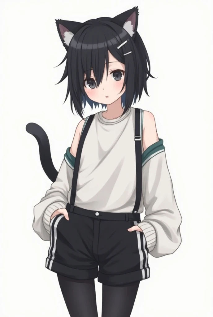 a femboy boy with dark eyes and black hair wearing black tights with white stripes and a white top and short black shorts with ears and a cats tail making a cute anime-style face