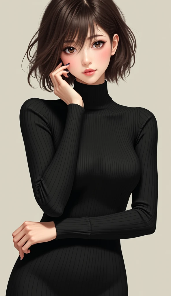 Japanese woman wearing a black turtleneck sweater、 (((masterpiece))), ((of the highest quality)), ((intricate details)), (((Super Realist)), irrational solution, The law of perspective, Very detailed, realist, 1 girl, ((big breasts)), perfect hands, Finger...