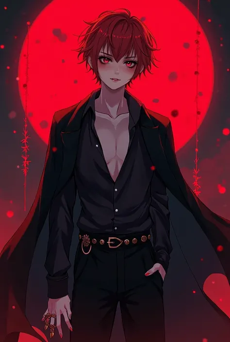 An 18-year-old young man, looking straight ahead with the blood moon in the background, dressed in a black robe with an open shirt, red hair, red eyes, with rings, anime image style.