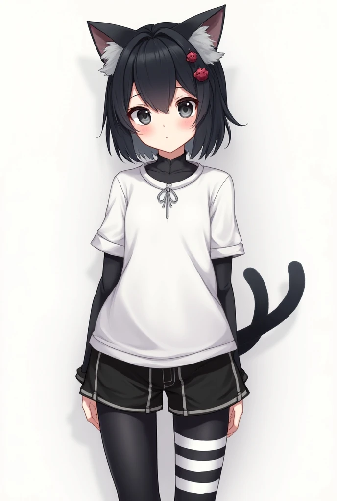 a femboy boy with dark eyes and black hair wearing black tights with white stripes and a white top and short black shorts with ears and a cats tail making a cute anime-style face