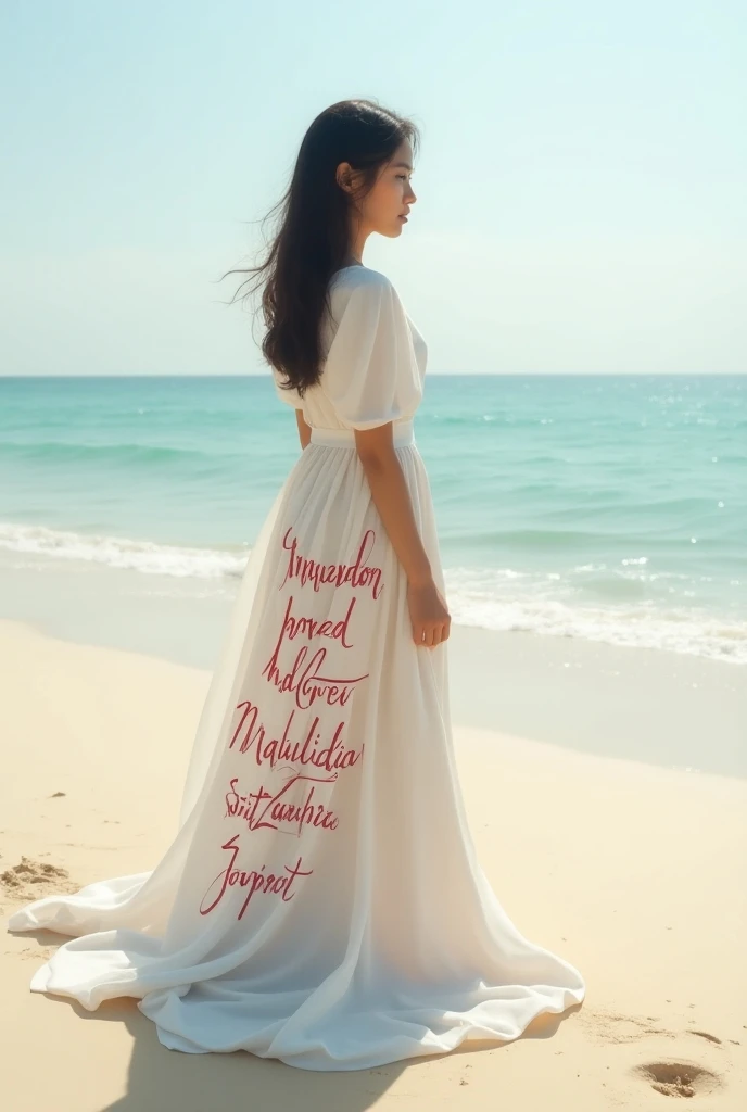 A girl wears a dress with Maulidia Siti Zahra writing on the beach 