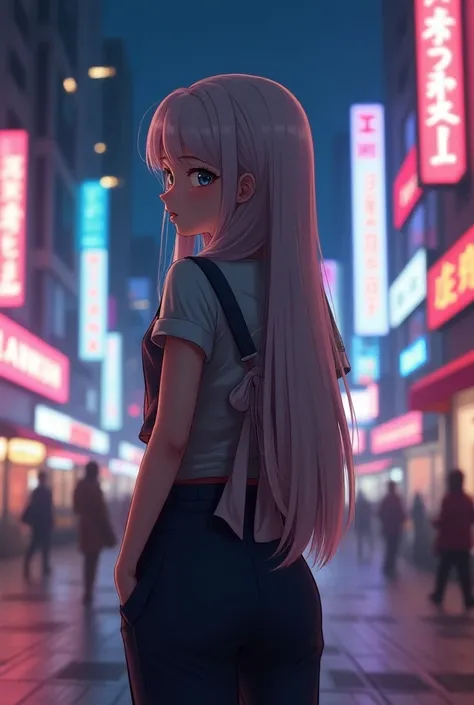 Big, smooth-haired girl with ties on her back in a bright city at night 