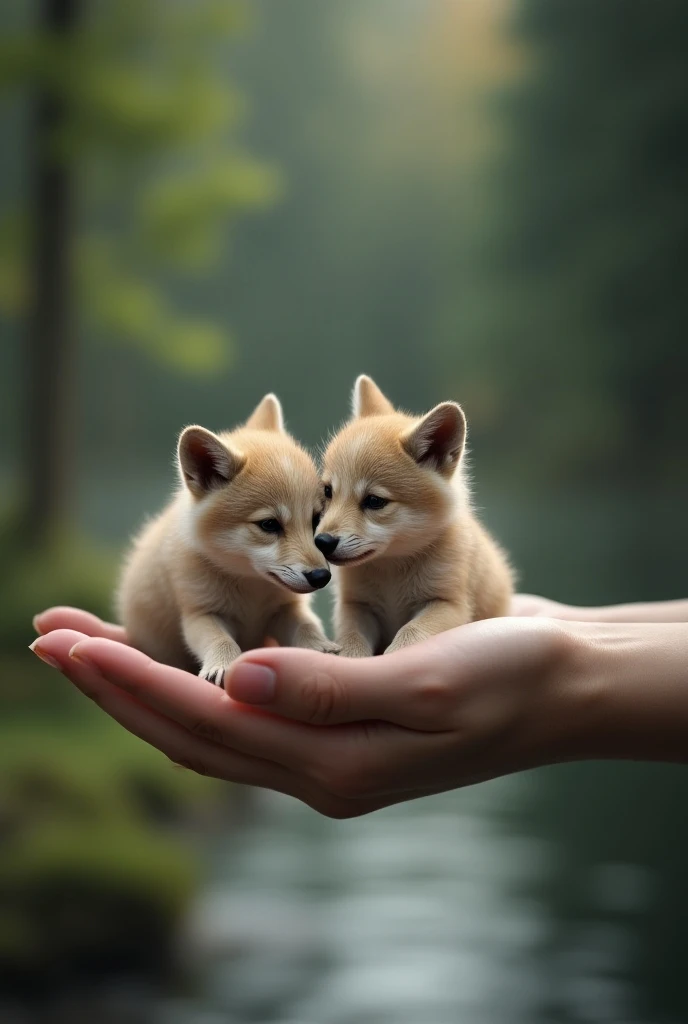 A close up of 2 small wolves being gently held by a human hand. He is very small, e fofo. The background is blurred with a forest and a pond behind it.