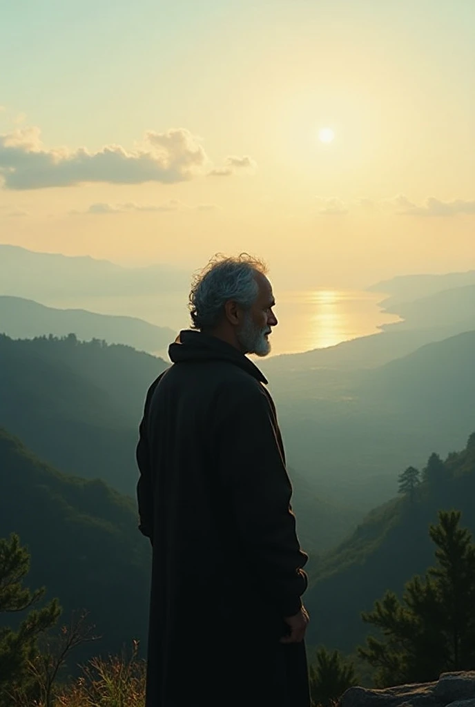 Make a man reflect in front of a landscape 
