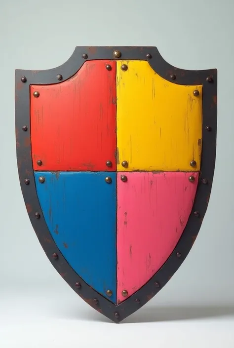 A shield of values with the color yellow, red, blue and pink 