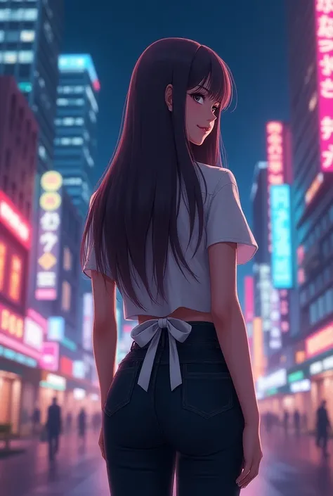 Big, smooth-haired girl with ties on her back in a bright city at night 